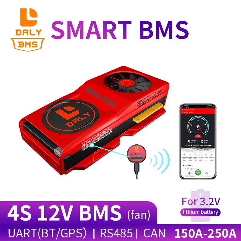 18650 smart LiFePO4 4S BMS 12V 150A 200A 250A Bluetooth 485 to USB device NTC UART togther Lion LiFePO4 LTO Batteries With Fan Top Merken Winkel
